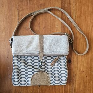 Myra Bag Crossbody Foldover Calfhair Canvas Leather Bag Boho Western